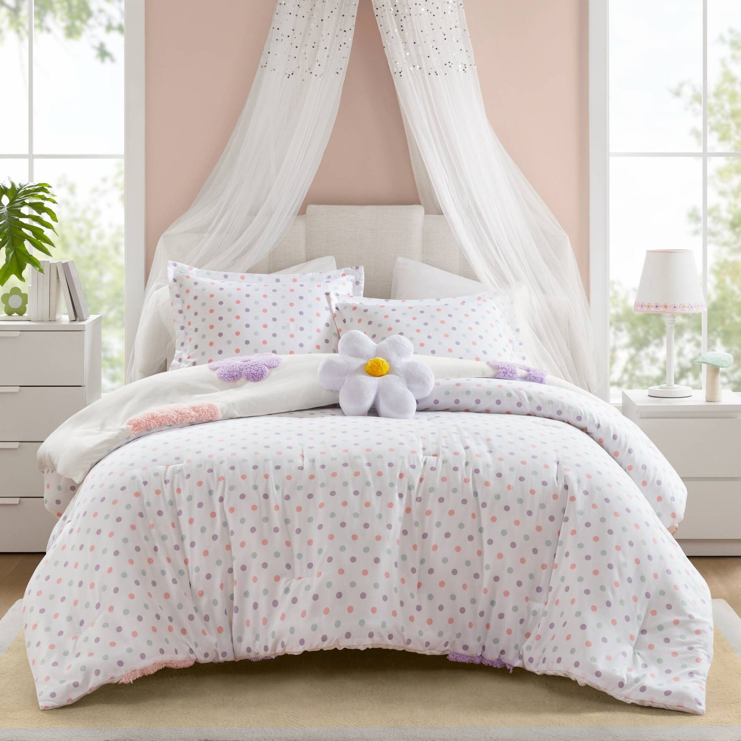 Gracie Floral Reversible Tufted Chenille Comforter Set with Flower Throw Pillow