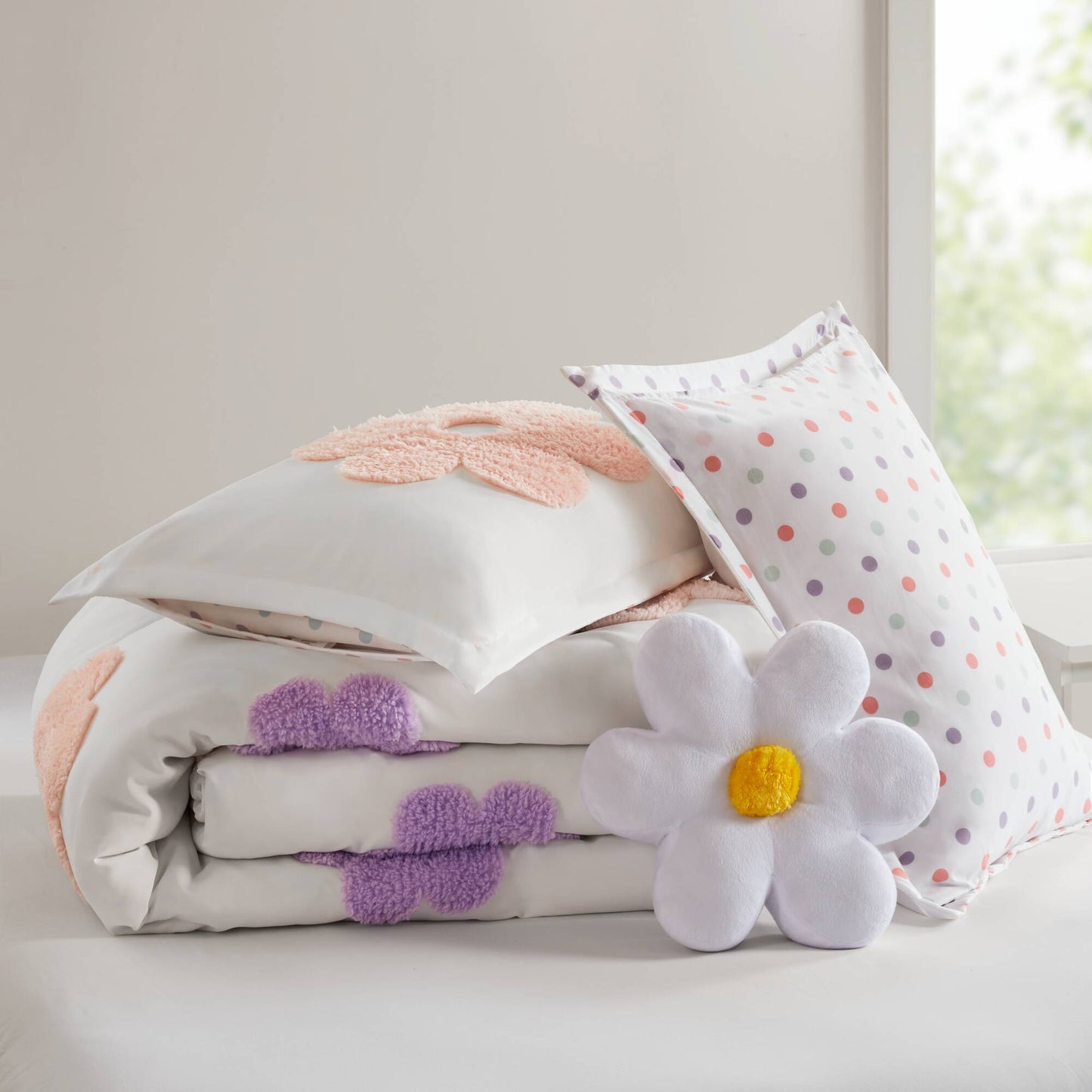 Gracie Floral Reversible Tufted Chenille Comforter Set with Flower Throw Pillow