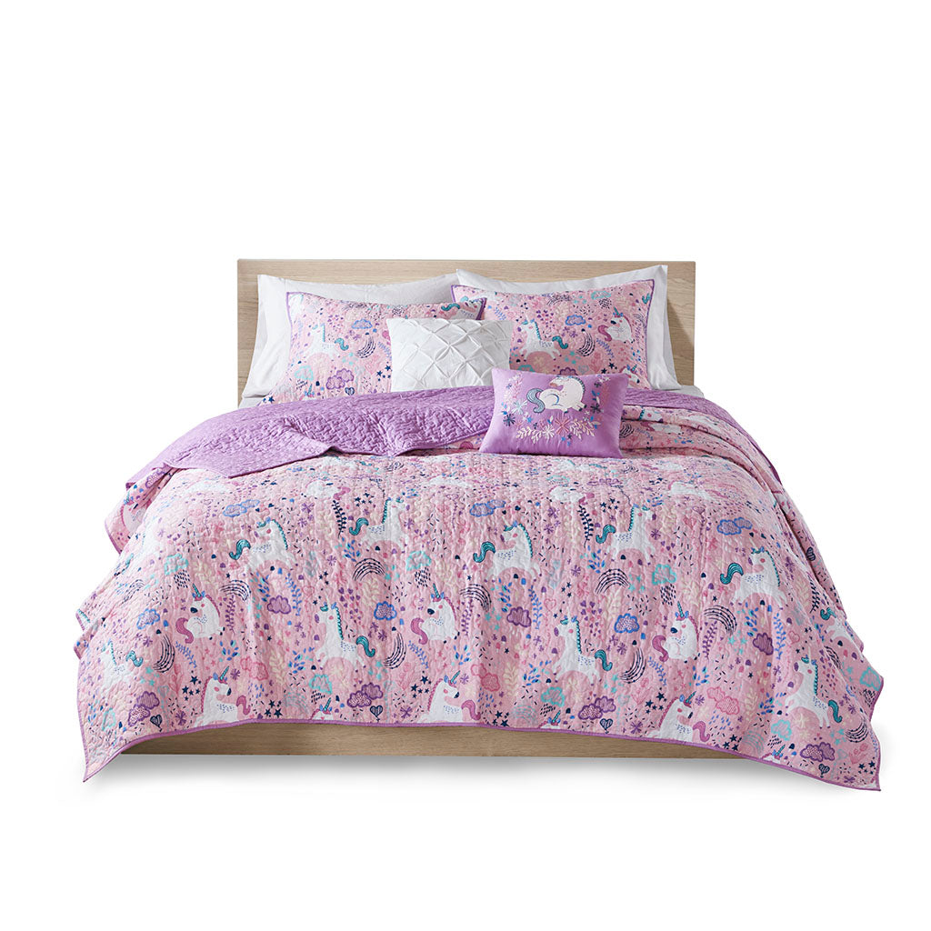 Lola Unicorn Reversible Cotton  Quilt Set with Throw Pillows