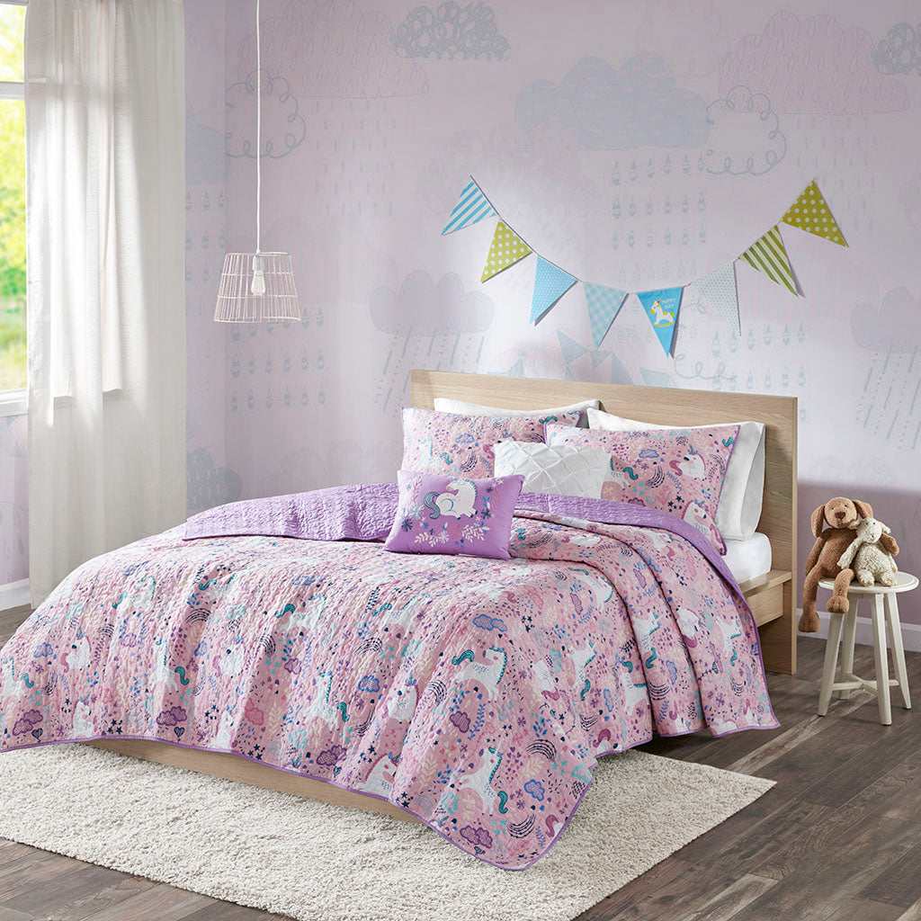 Lola Unicorn Reversible Cotton  Quilt Set with Throw Pillows