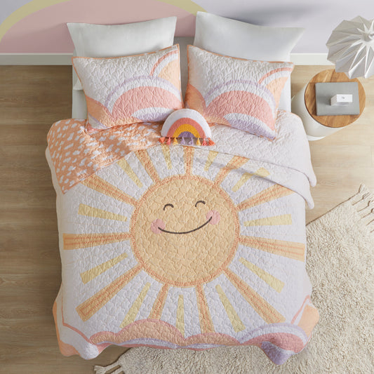 Dawn Reversible Sunshine Printed Cotton Quilt Set with Throw Pillow