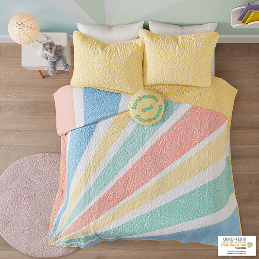 Rory Rainbow Sunburst Reversible Cotton Quilt Set with Throw Pillow